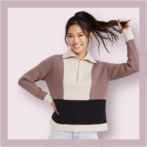 Madewell Glenbrook Half Zip Pullover Colorblock Sweater in Heather Fog
